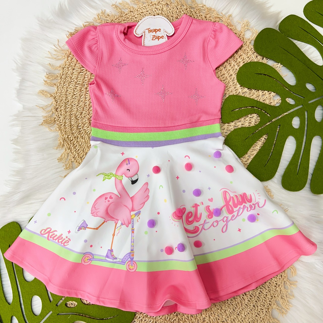  Vestido Flamingo com Pompons - Rosa e Branco